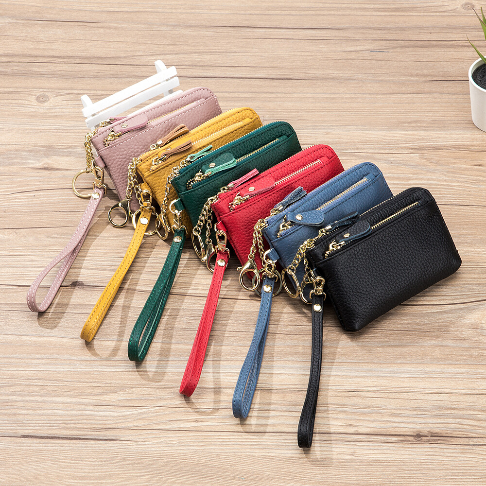 Soft Real Leather Coin Purse for Women Wristlet Mini Pouch Wallet with Keychain