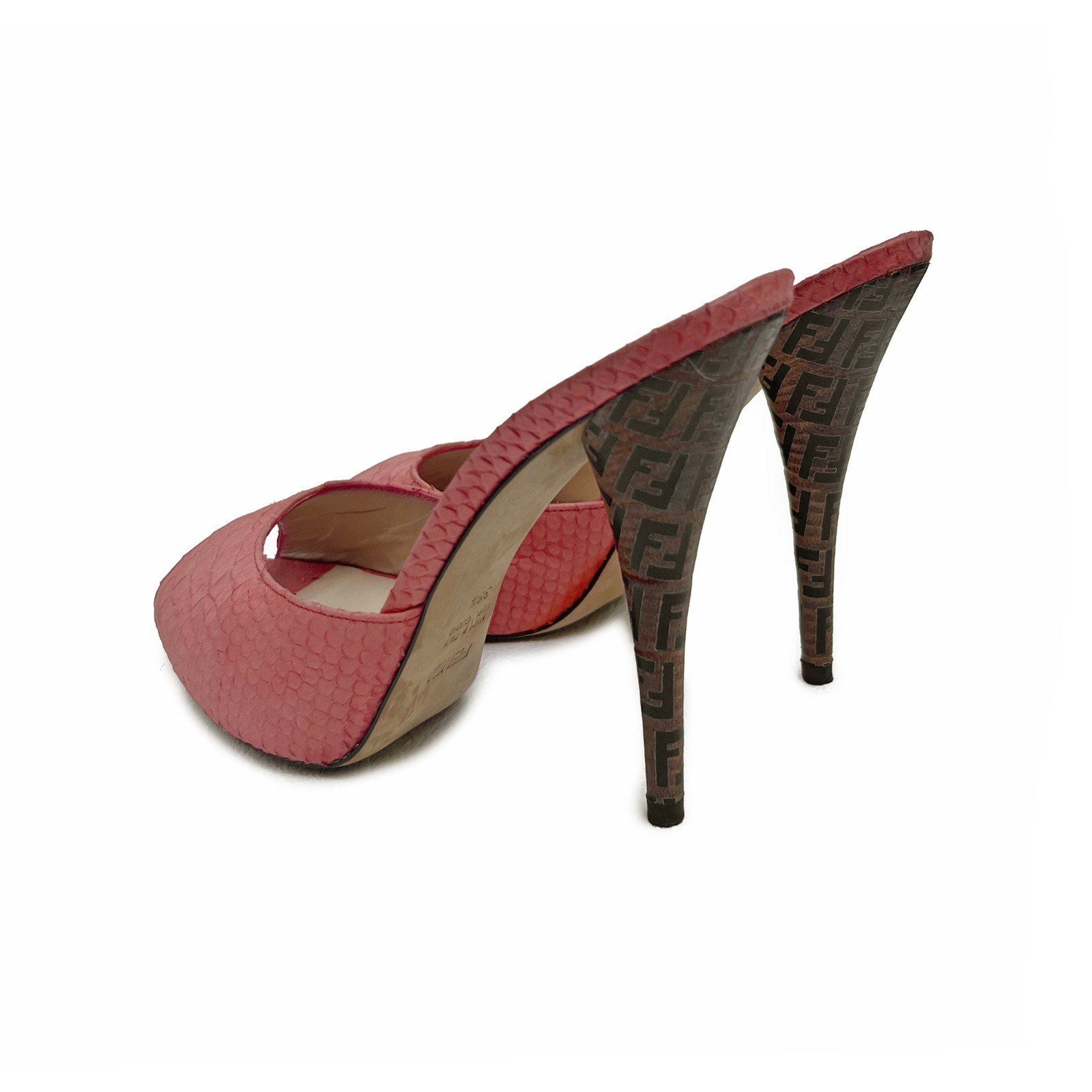 Fendi Zucca Print Heel Coral Pink Snakeskin Peep Toe Mules US: 8,5 / EUR: 38,5