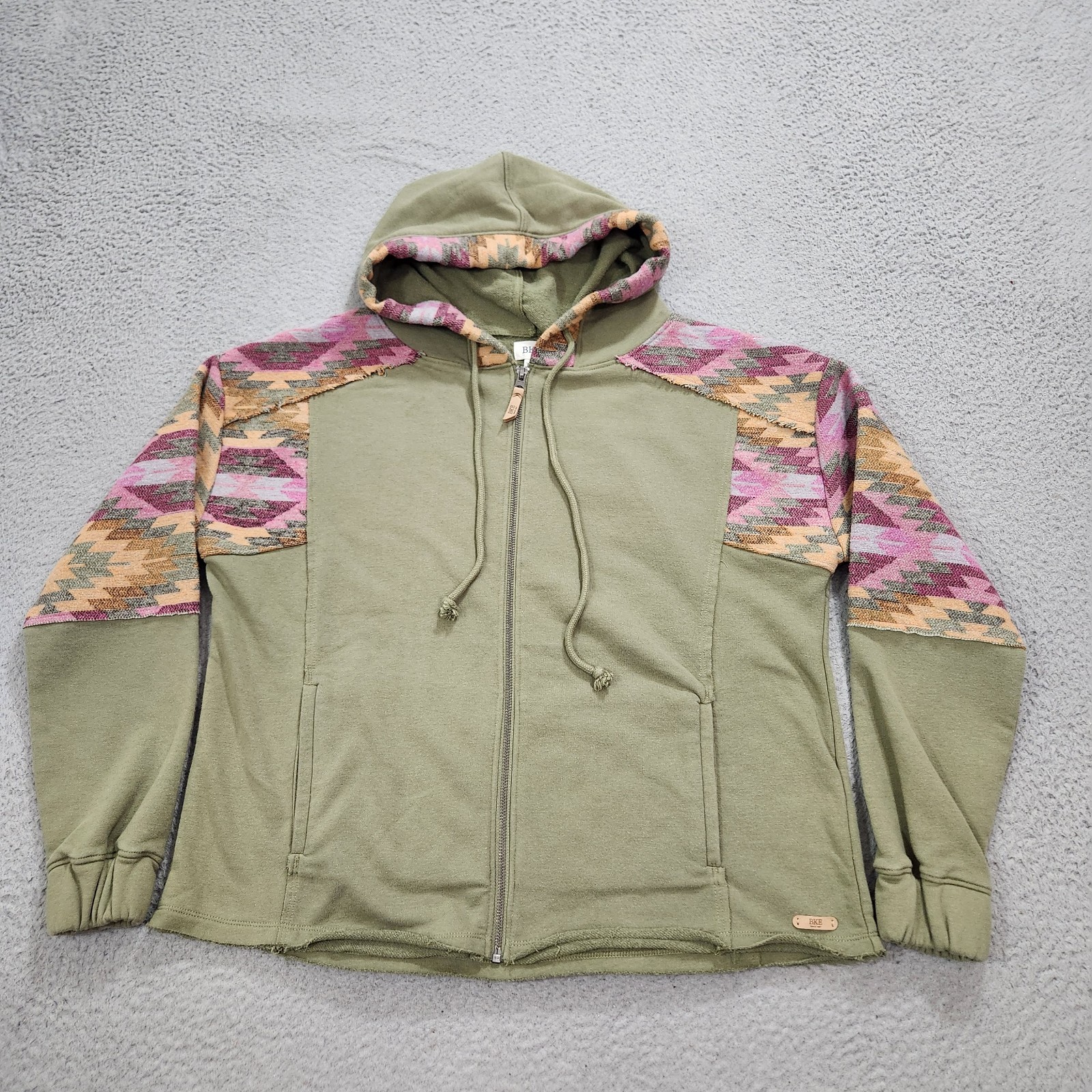 Buckle BKE Hoodie Womens Small Green Deep Lichen Pieced Southwestern Full Zip