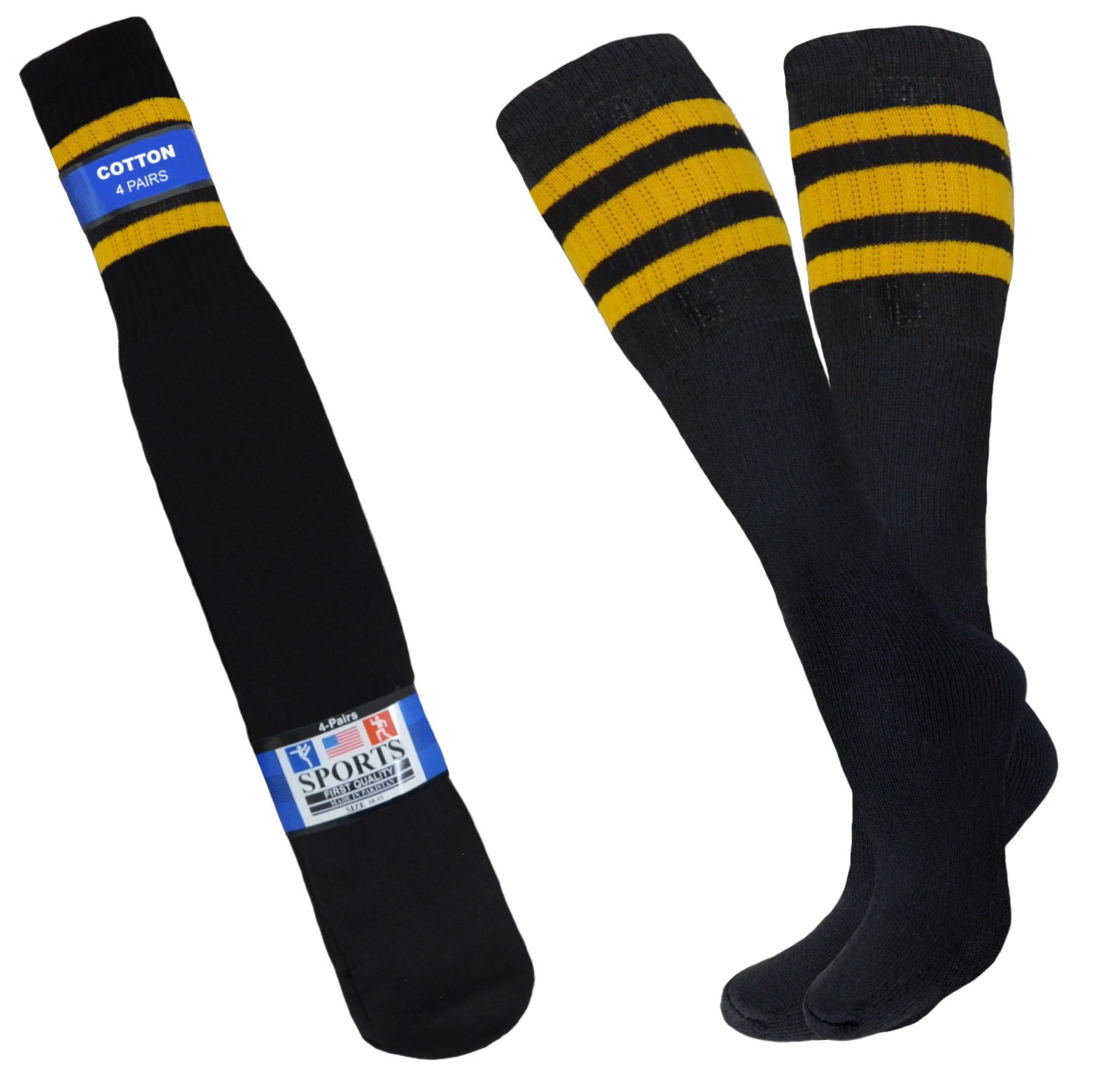 4 Pk Black Tube Socks Striped 22 Inch Long Old School Cotton Socks 6 COLORS