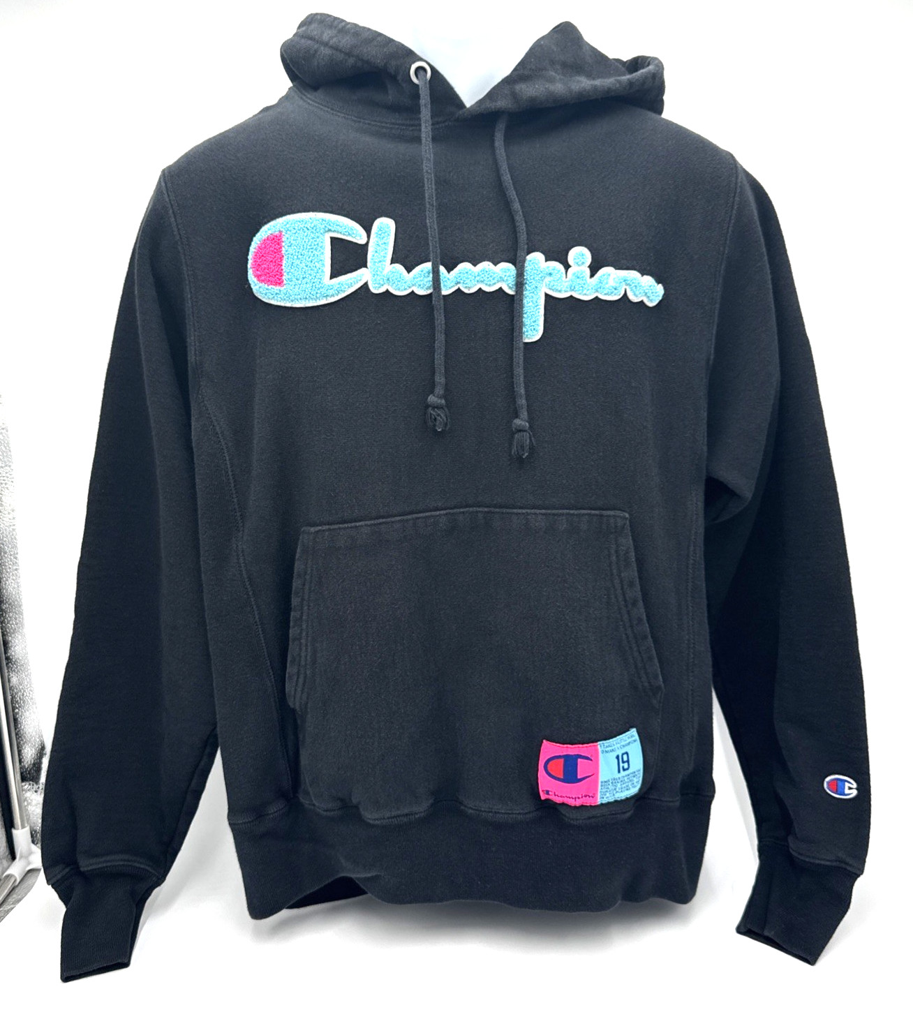 Champion Reverse Weave Hoodie Adult Sz Sm Black Neon Blue Pink Retro Sweatshirt