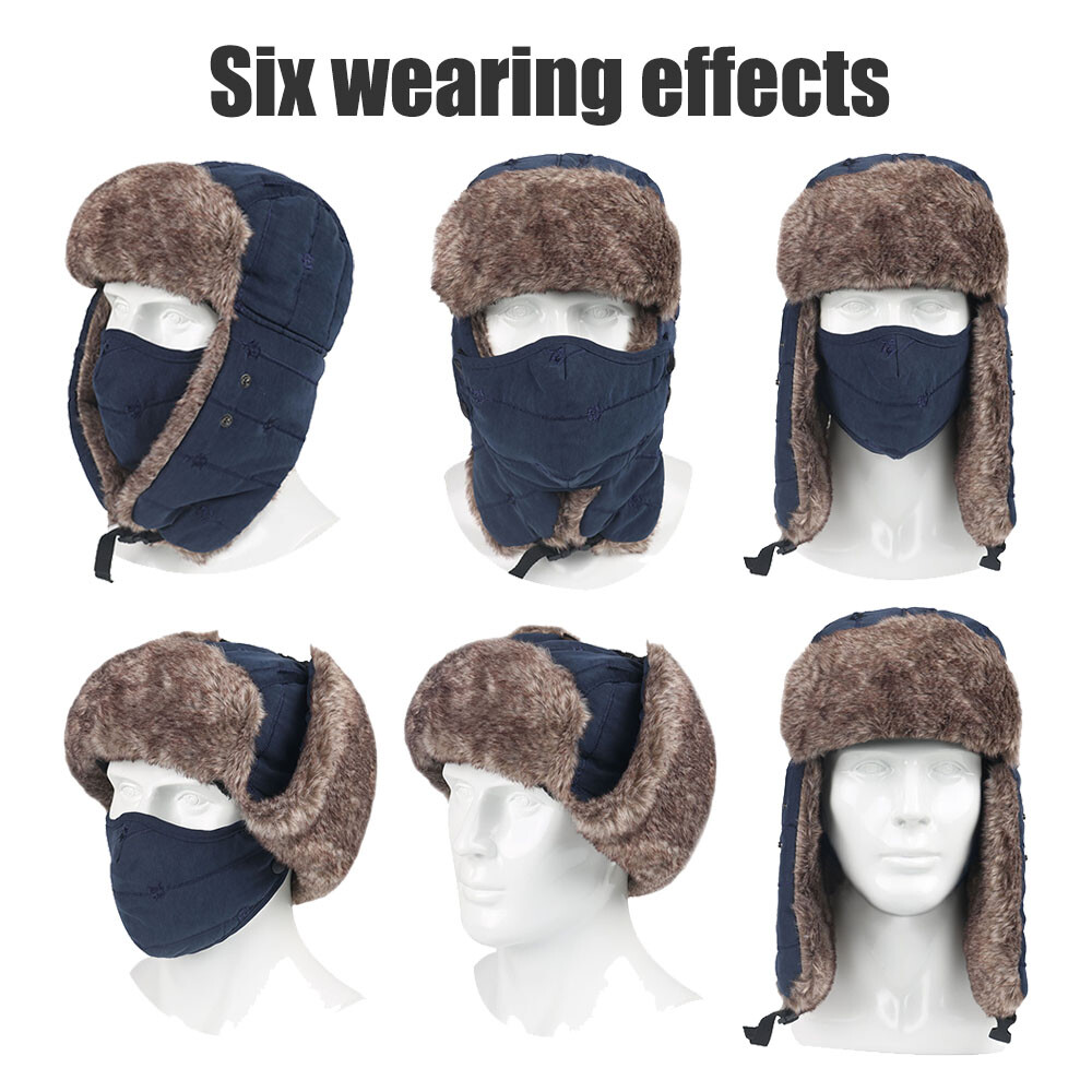 Winter Ski Hat with Ear Flap Removable Face Mask Windproof Faux Fur Hunting Hat
