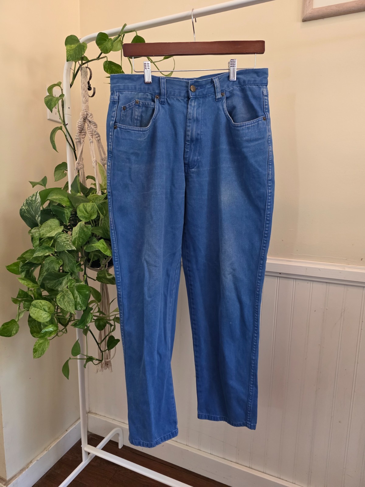 Vintage Bugle Boy 100% Cotton Jeans 32×30 Blue High Rise Tapered Mom Made HK