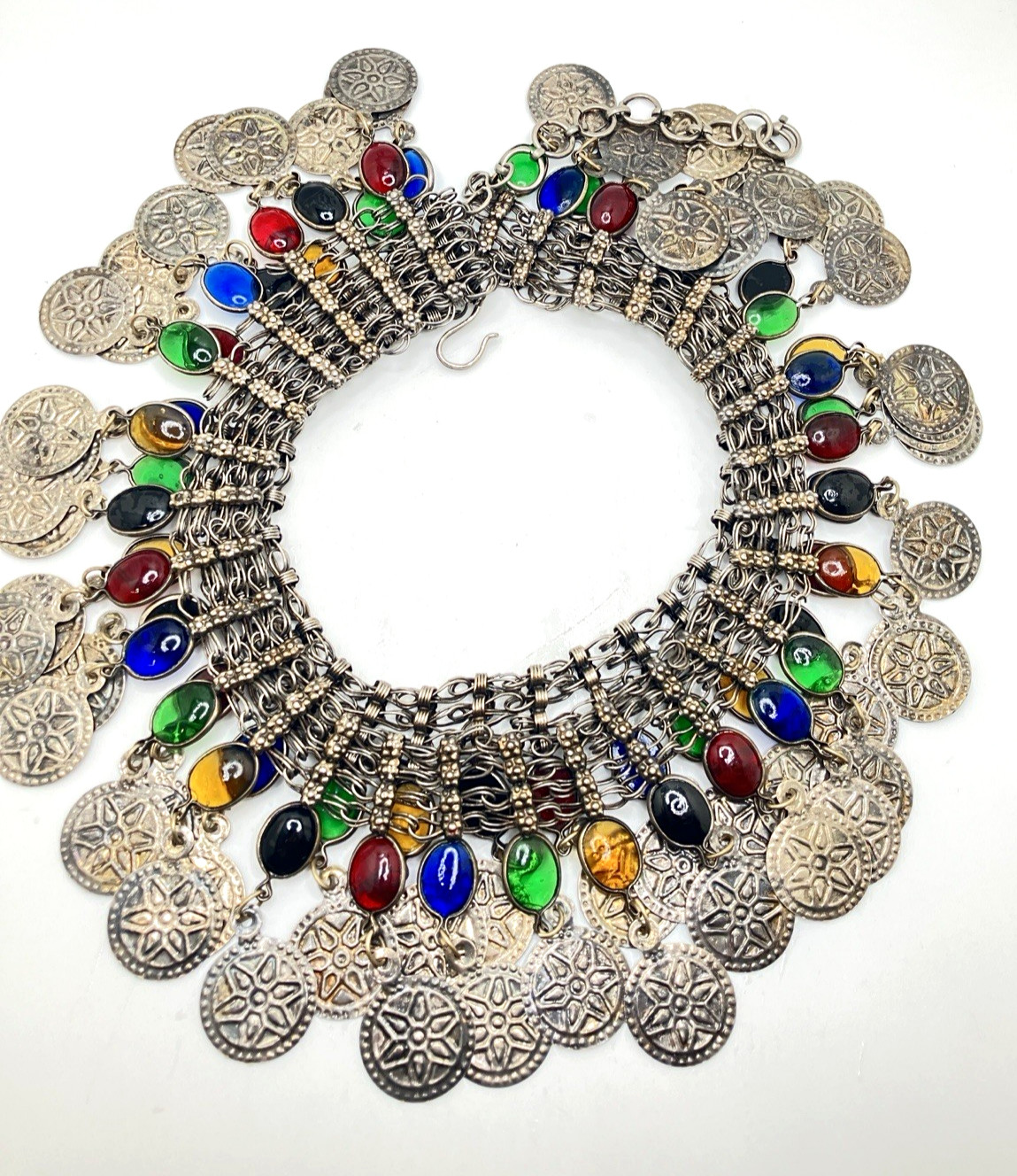 Vintage Silver-Toned Belly Dancer Belt with Multi-Color Cabochons 37″-41″