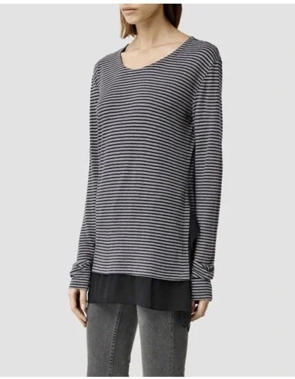 NWT AllSaints Miro Long Sleeve Ink/Chalk Stripe Tee MSRP $105 Viscose Wool Sz 0