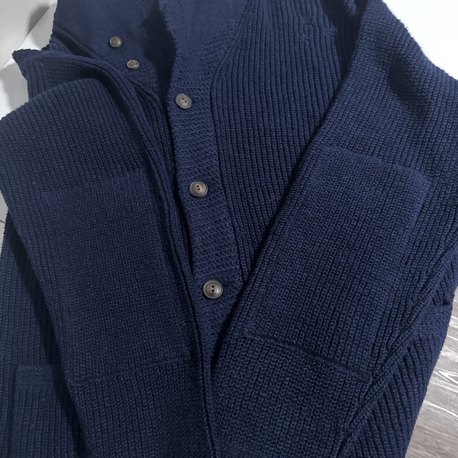 NEW Polo Ralph Lauren Men’s Large Navy Distressed Linen Cotton Shawl Cardigan L