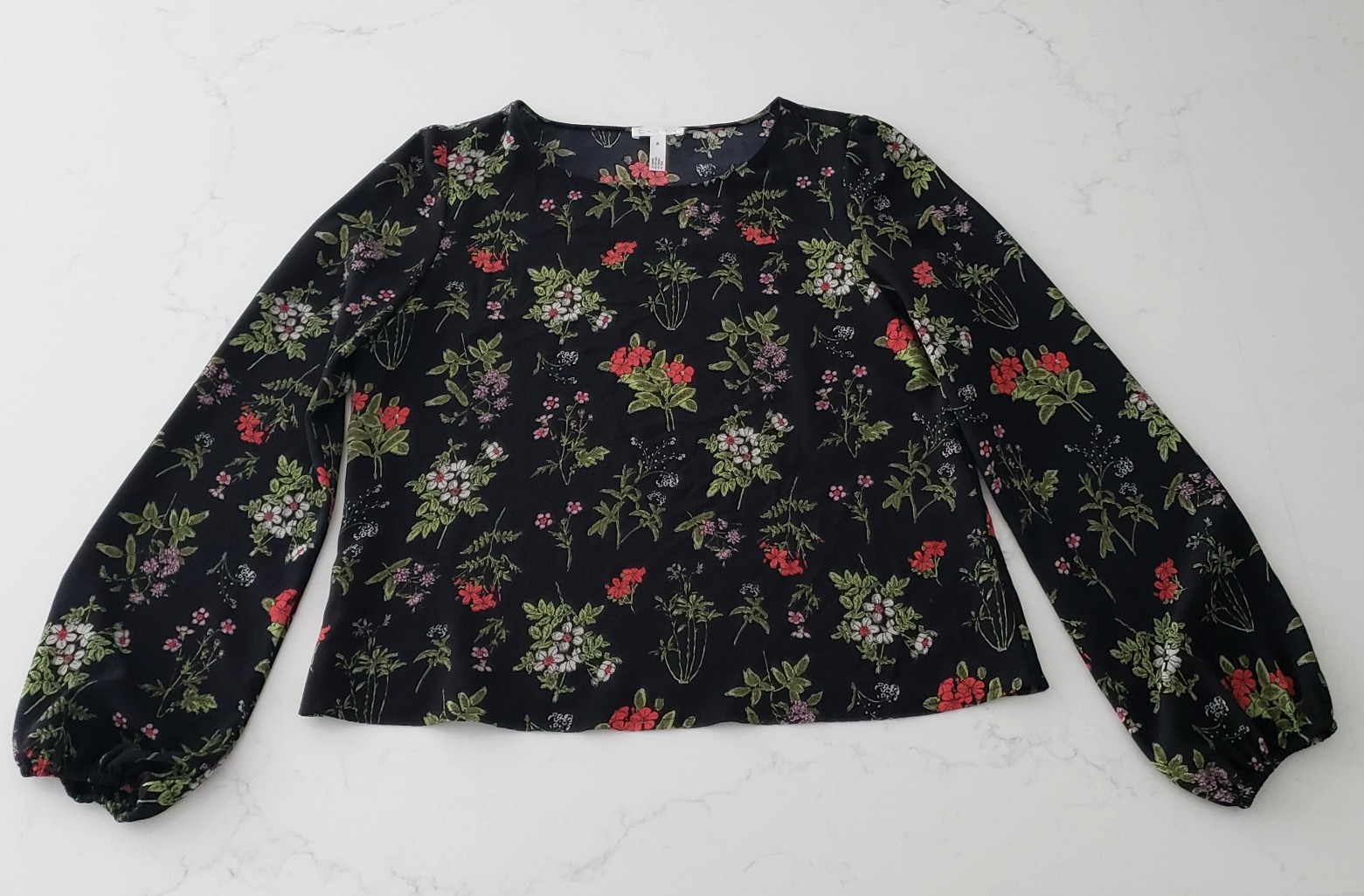 Nordstrom Leith Womens Size Medium Black Floral Blouse Top Long Sleeve Red Green