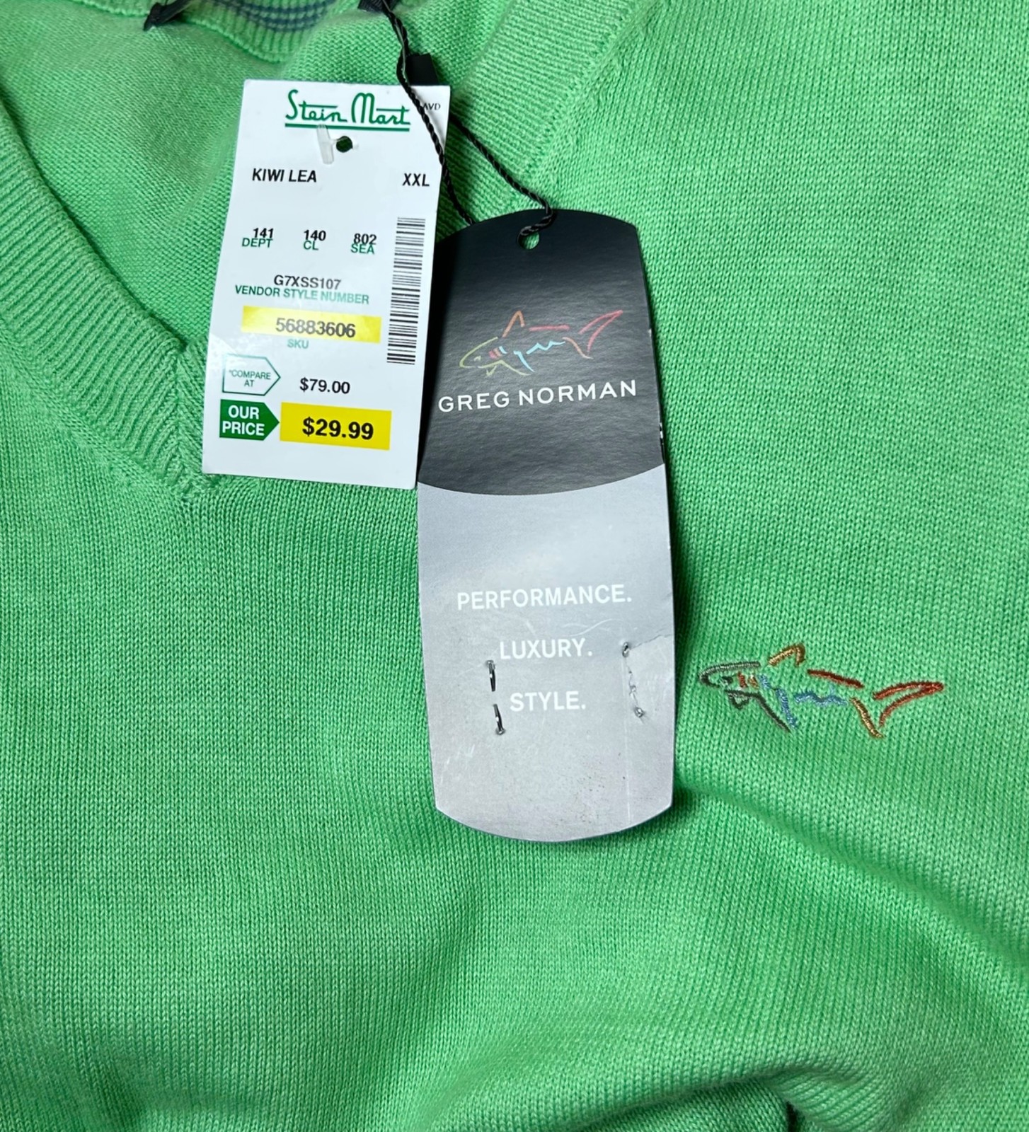 GREG NORMAN Natural Performance VNeck Sweater Sz XXL Kiwi Green Knit 100% Cotton
