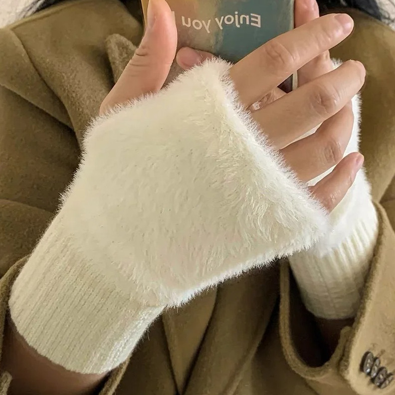 1 pair Mink Fleece Fingerless Gloves Women Warm Soft Plush Winter Wrist Mittens