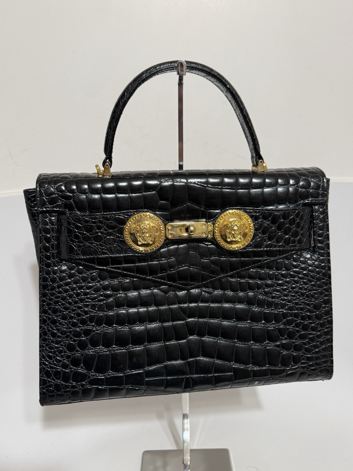 Vtg Gianni Versace 90s Black Croc Leather Medusa Bag