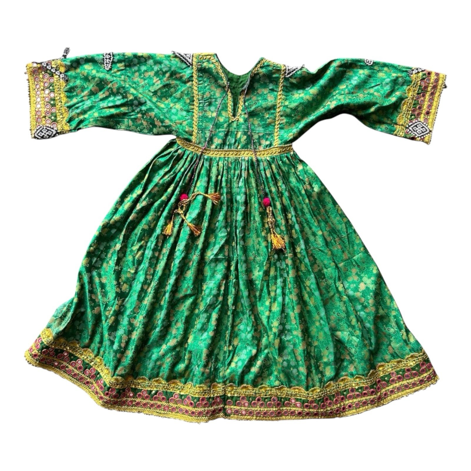Vintage Afghan Kuchi Tribal Dress Green Brocade Mirror Work Shisha Embroidery