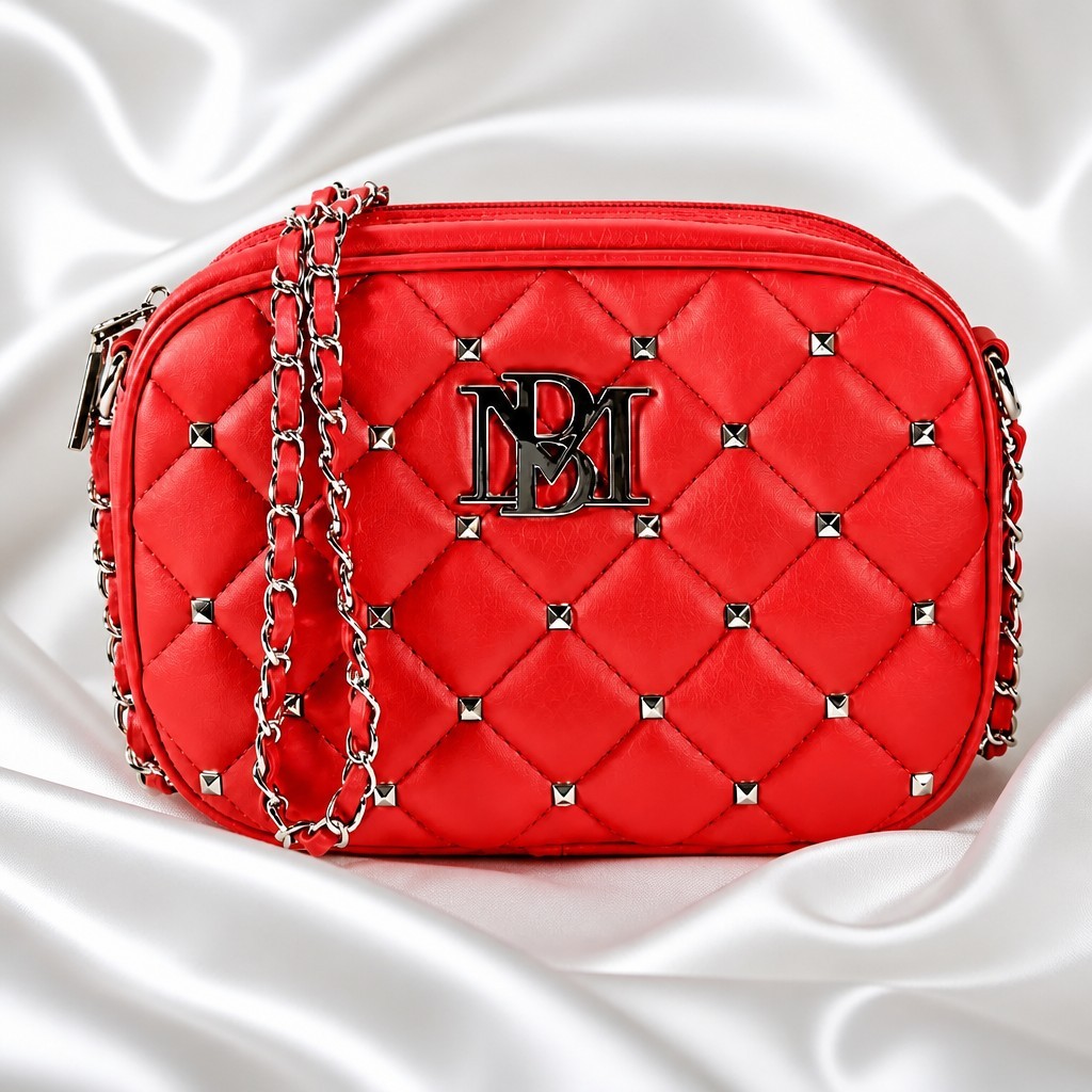 $100 Authentic Red Quilted Crossbody Bag – Vegan Leather Studded Purse