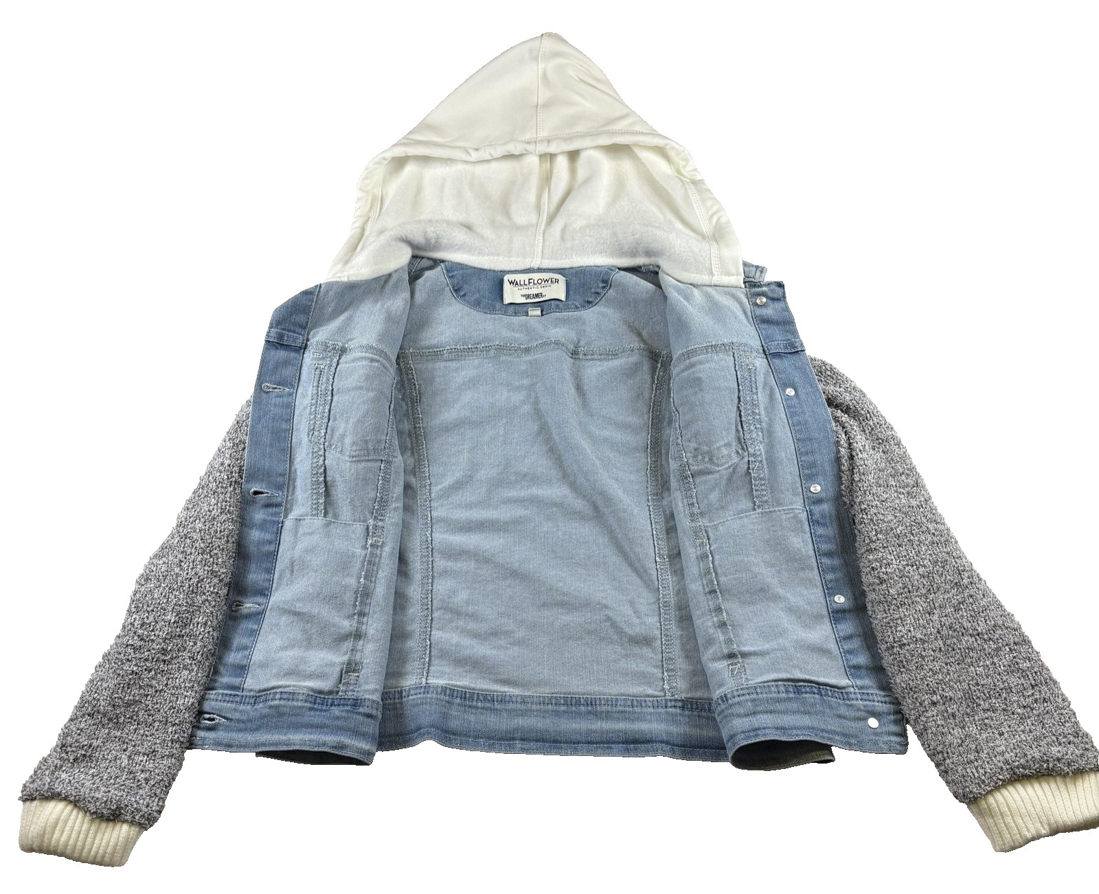 Wallflower Jacket Womens XL Blue Cina Wash Dreamer Hooded Knit Sleeve Denim Y2K