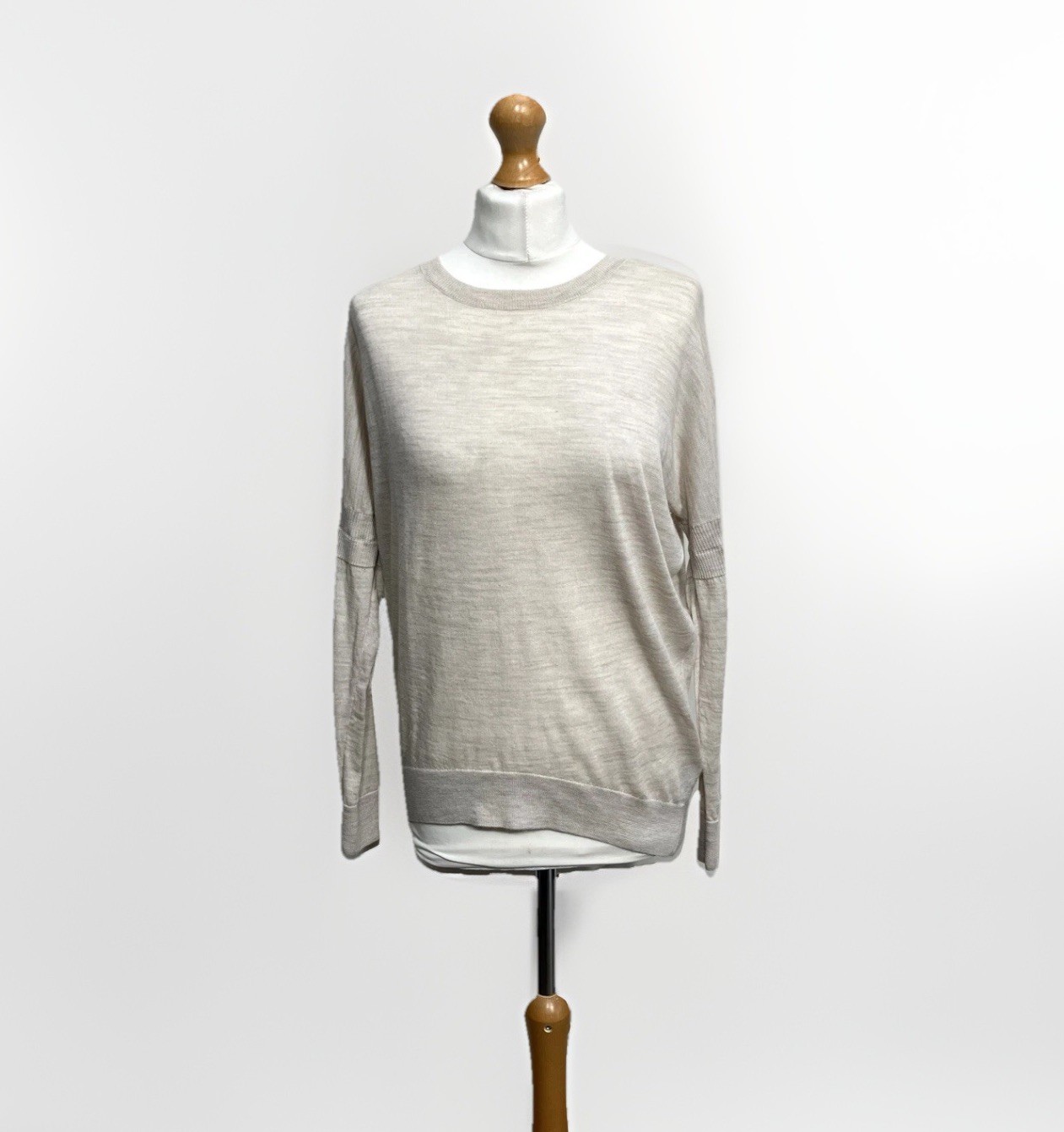 All Saints 100% Merino Wool Jumper Womens Size Small Beige Thin Knit Open Elbow