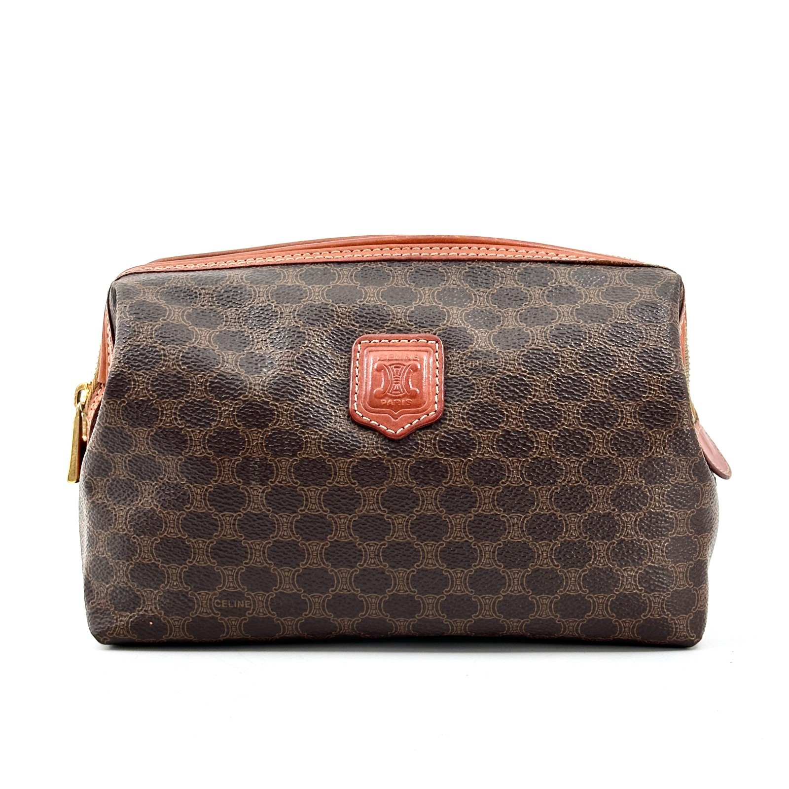CELINE Vintage Macadam Vanity Clutch Bag Purse Cosmetic Pouch Brown