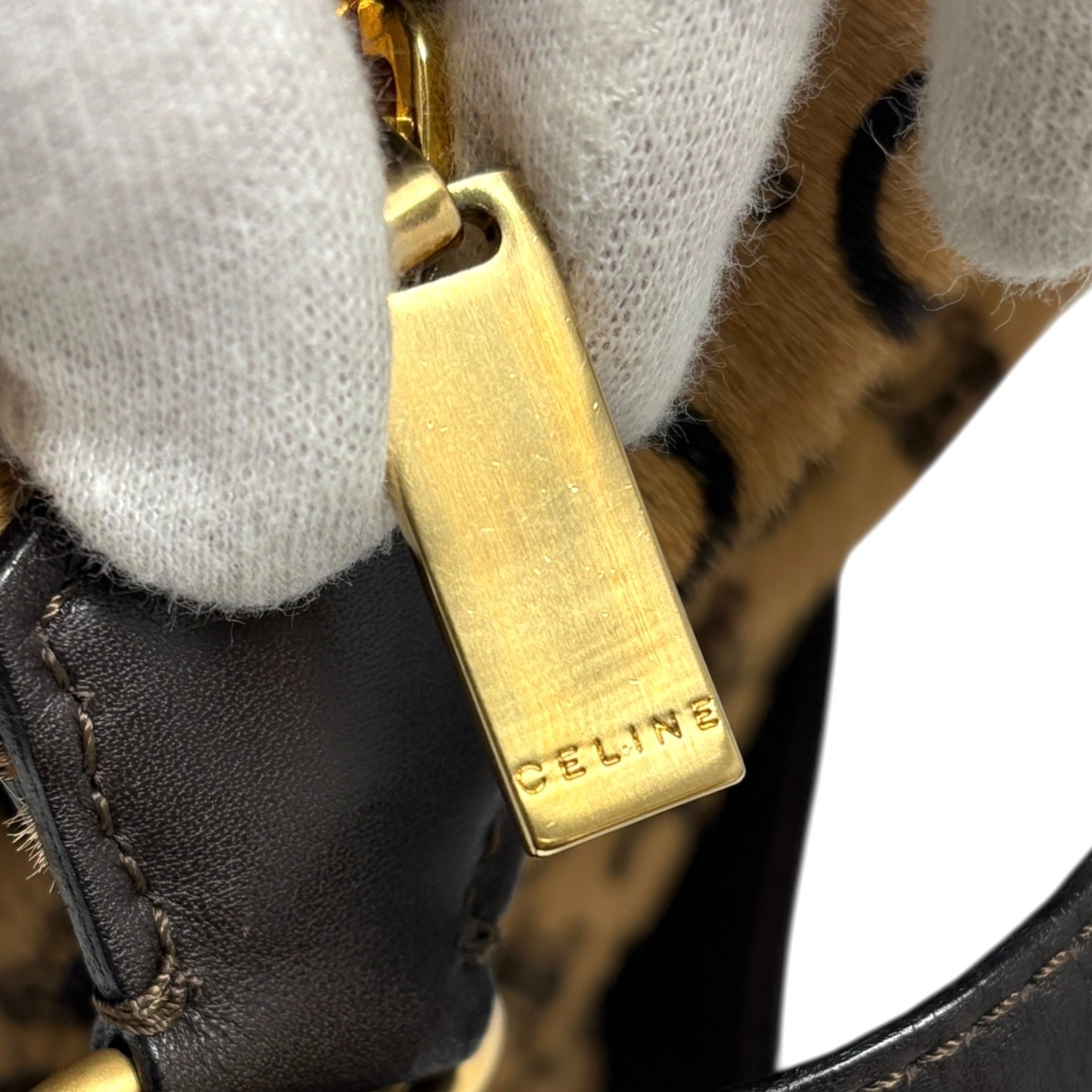 CELINE Vintage C Macadam Logo Pony Calf Hair 2way Shoulder Bag Beige Brown