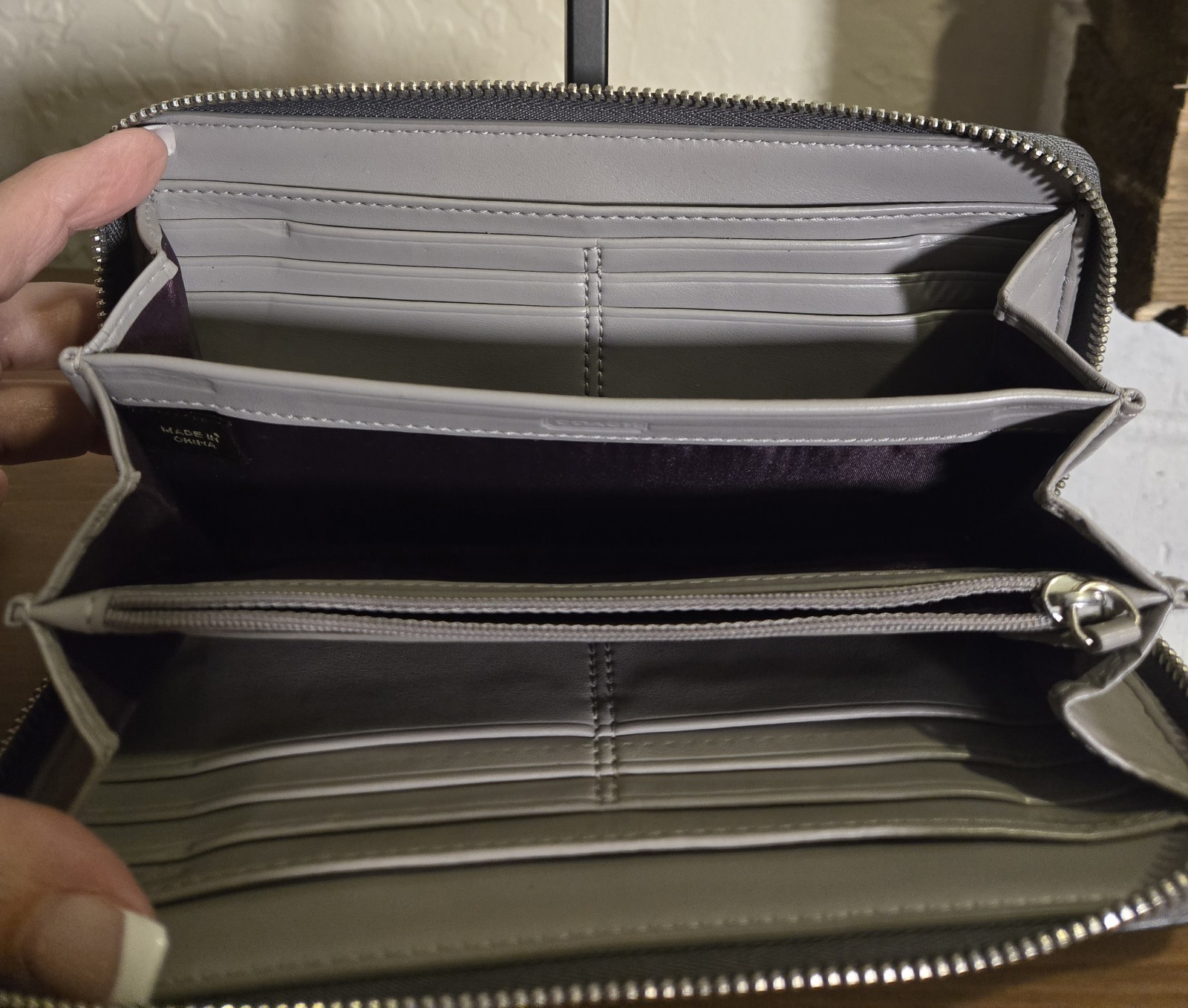 Coach Signature Logo Zip-Around Wallet, Gray, Purple Lining 7.75 x 4