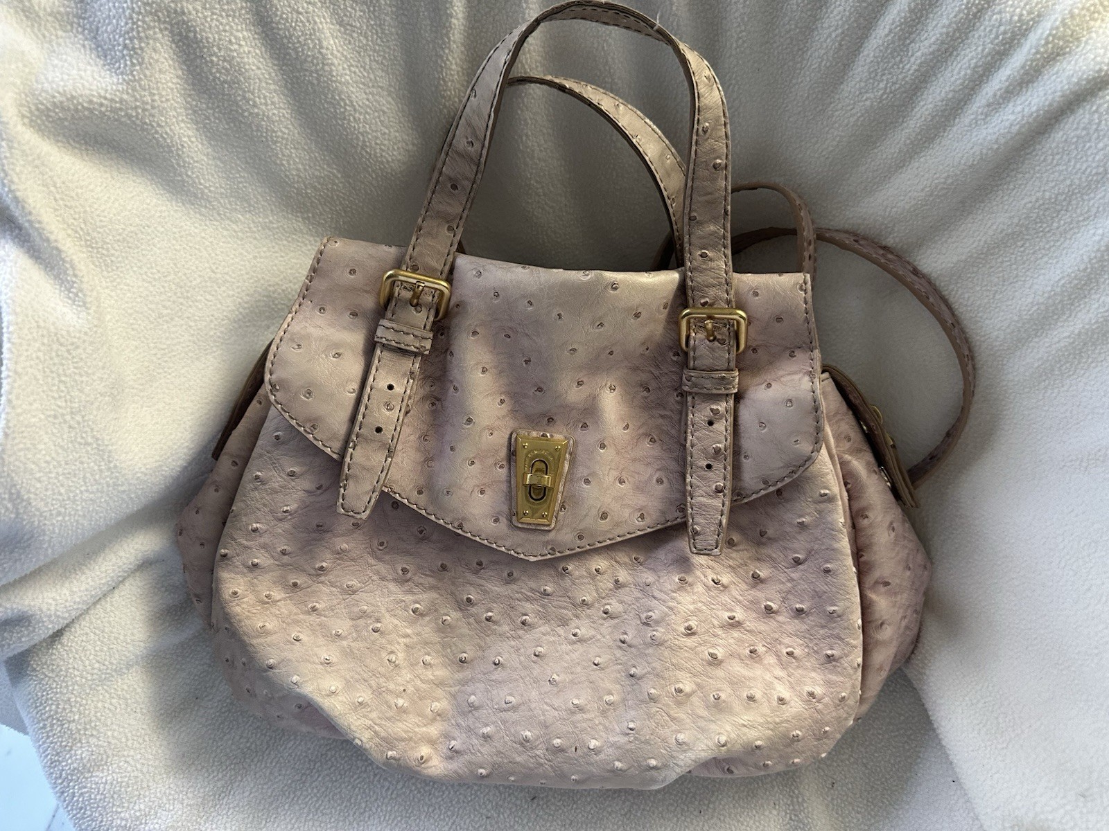 Beige Ostrich Embossed Satchel Top Handle Bag, Zip/Push Lock, Strap, Gold