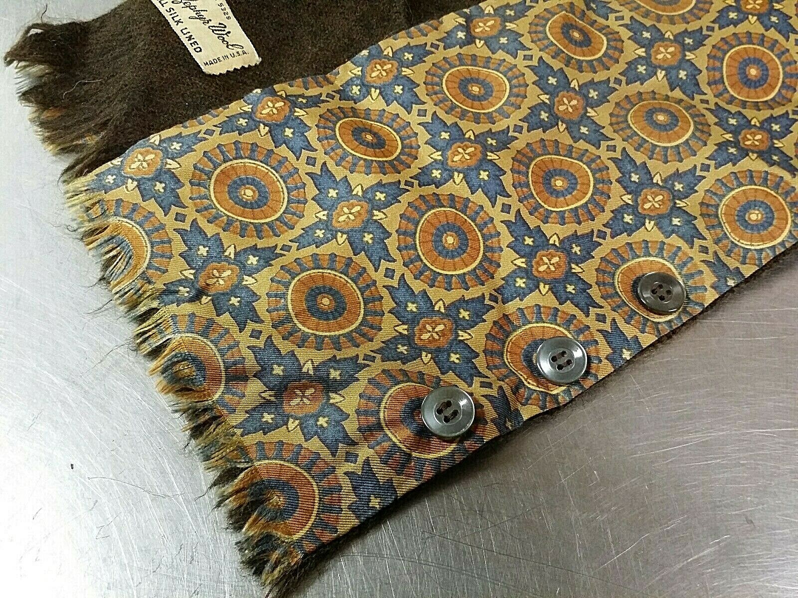 Vintage Reversible Scarf with Buttons, 100% Zephyr Wool & Silk, Brown Blue Tan