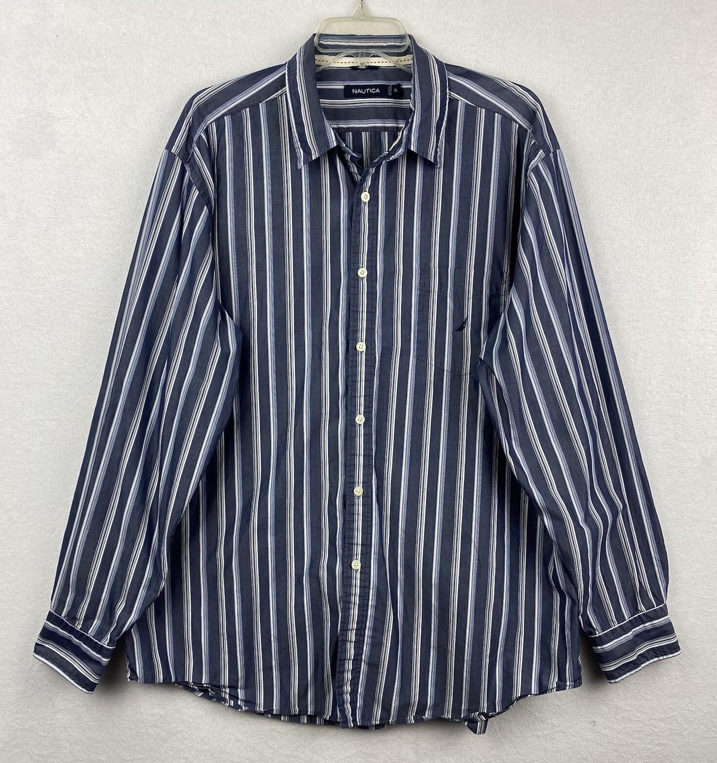 NAUTICA Button Up Shirt Mens XL Blue White Stripe Classic Preppy Retro Dad