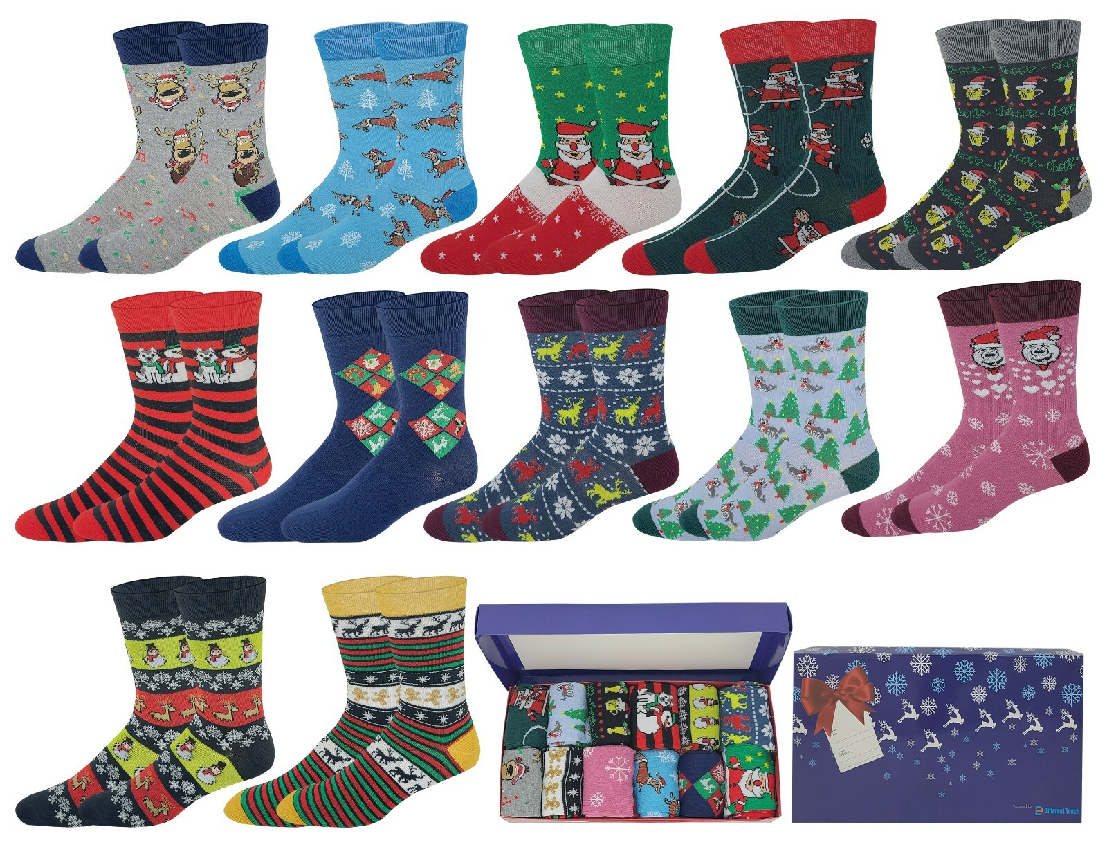 Different Touch Men 12 Pairs Novelty Christmas Holiday Socks With Gift Box