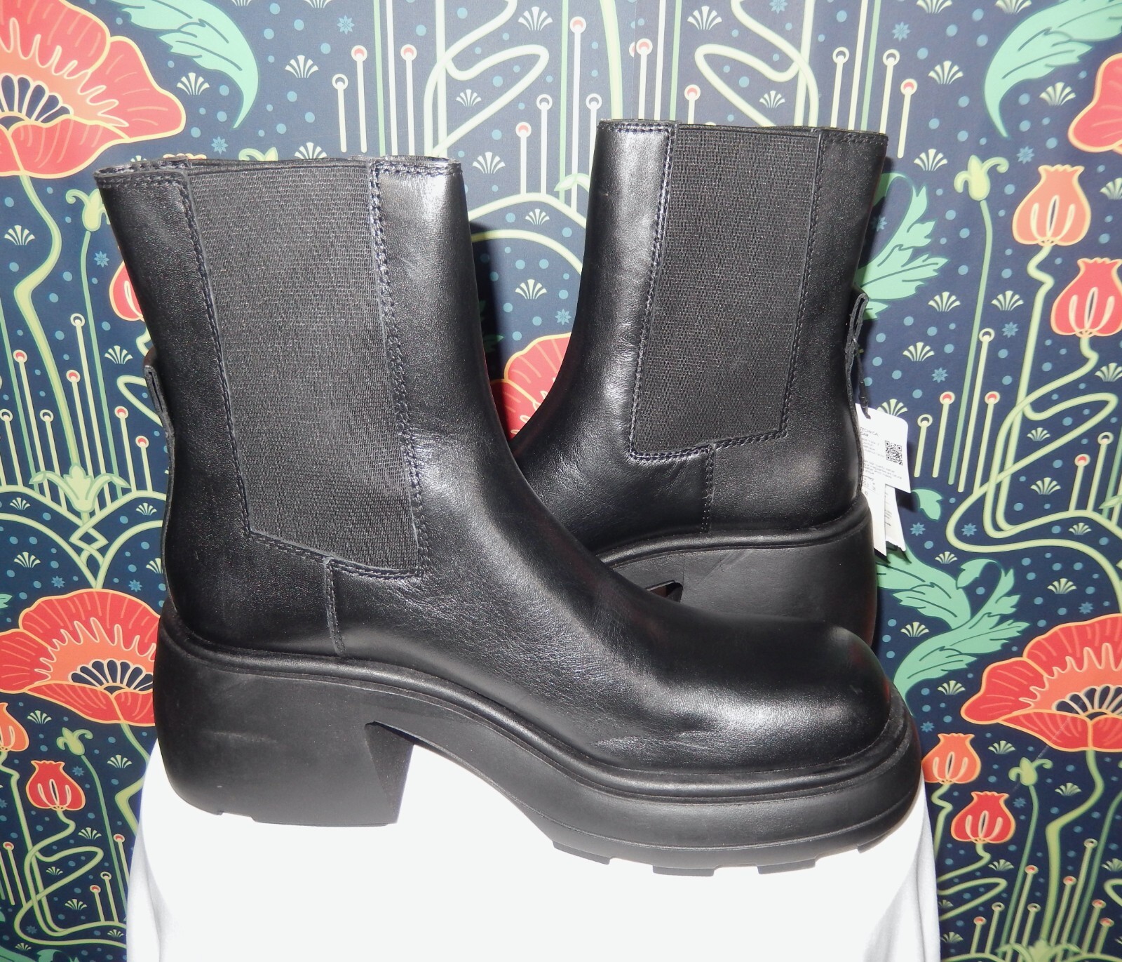 Zara Black Leather Boots Chunky Heel Elastic Gore Platform Square Toe 39