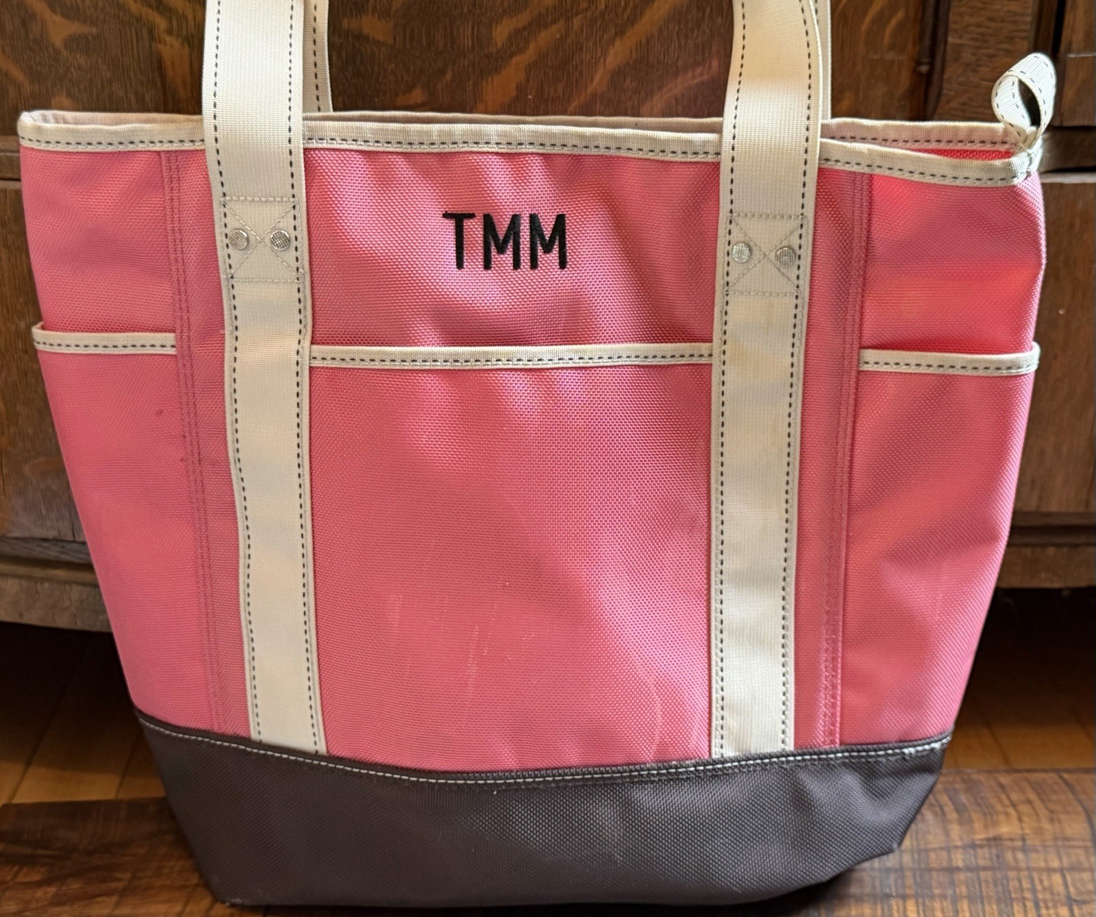 Pink Lands End Canvas Nylon Tote Bag Monogram 13in TMM Perfect Pockets White