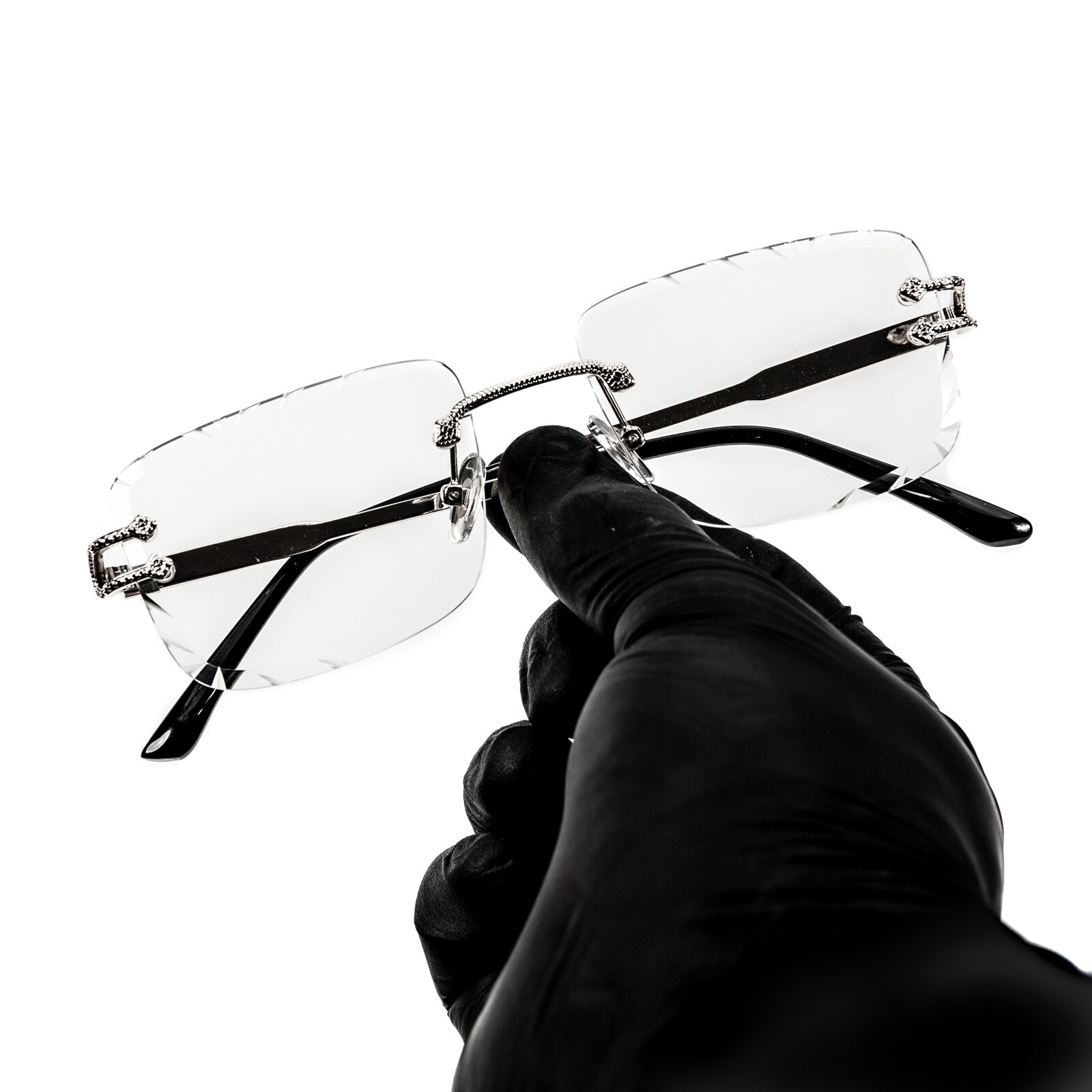 Men’s Rimless Silver Frame Gem Cut Frameless Hip Hop Clear Lens Glasses