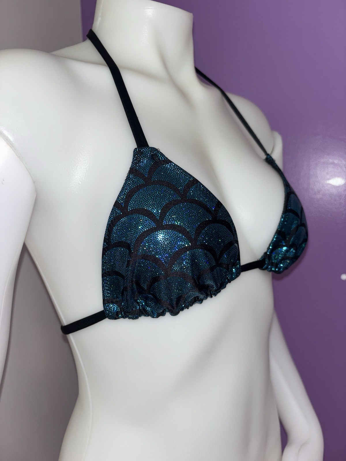 Dark Teal Holographic Mermaid Print Triangle Bikini Top Size Small