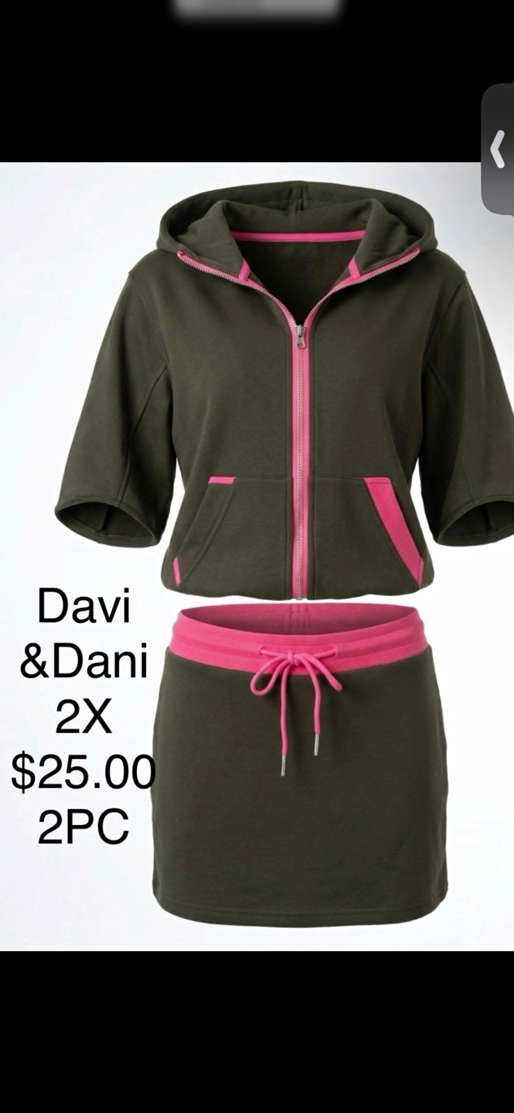 Davi & Dani Women’s Plus 2X 2pc Green/Pink Hooded Zip Hoodie & Skirt Set