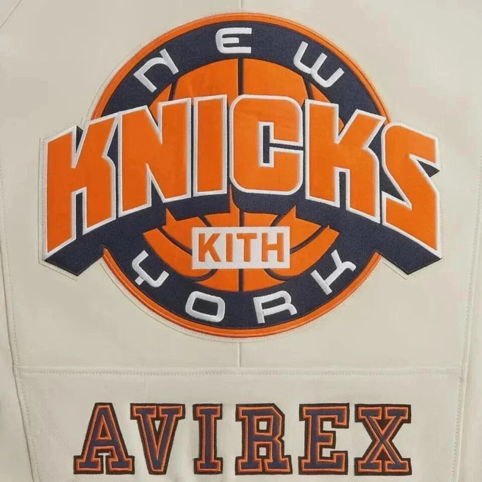 Men’s Avirex X Kith Knicks Bomber Leather Varsity Jacket New York Cream Coat