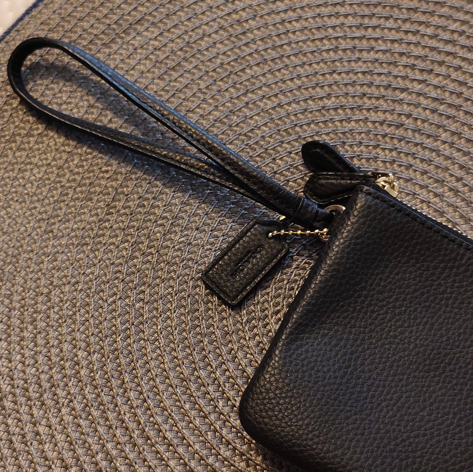Coach Black Pebbled Zip Wristlet Pouch w/ Strap, Gold Hardware