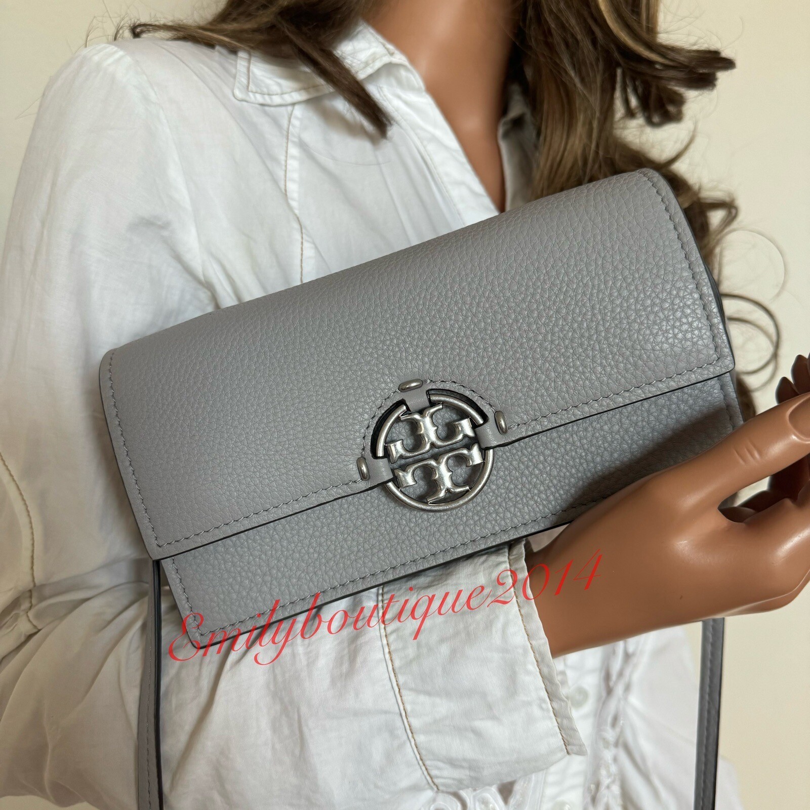 NWT Tory Burch 137145 Miller Wallet Crossbody Pebble Leather Bay Gray Bag