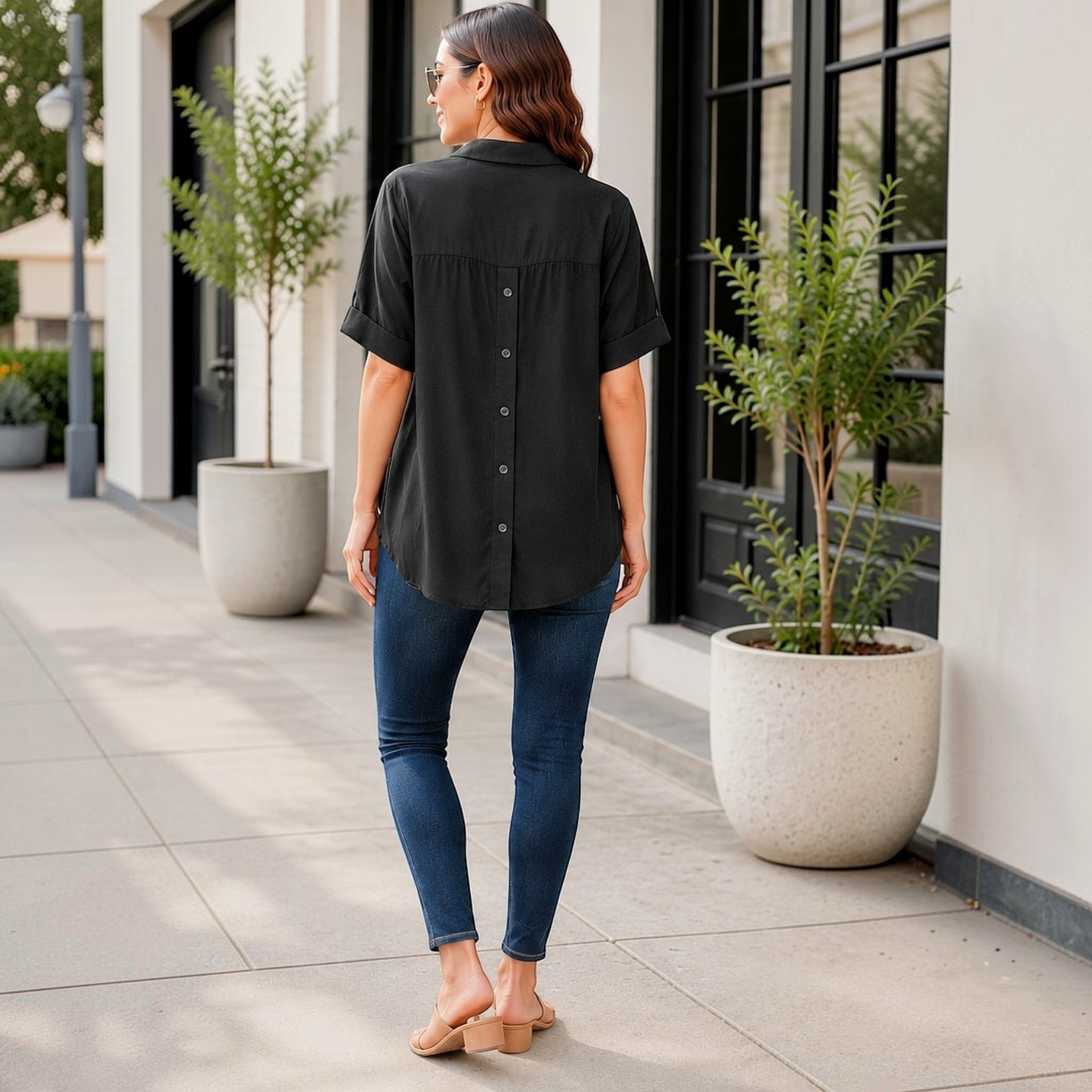 LUSH Black Collared V-Neck Blouse 100% Rayon High Low Back Button Shirt – XL/2XL