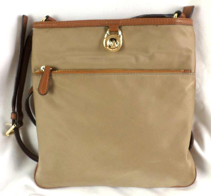 Michael Kors Kempton Brown Nylon Leather Trim Thin Crossbody Shoulder Bag MINT