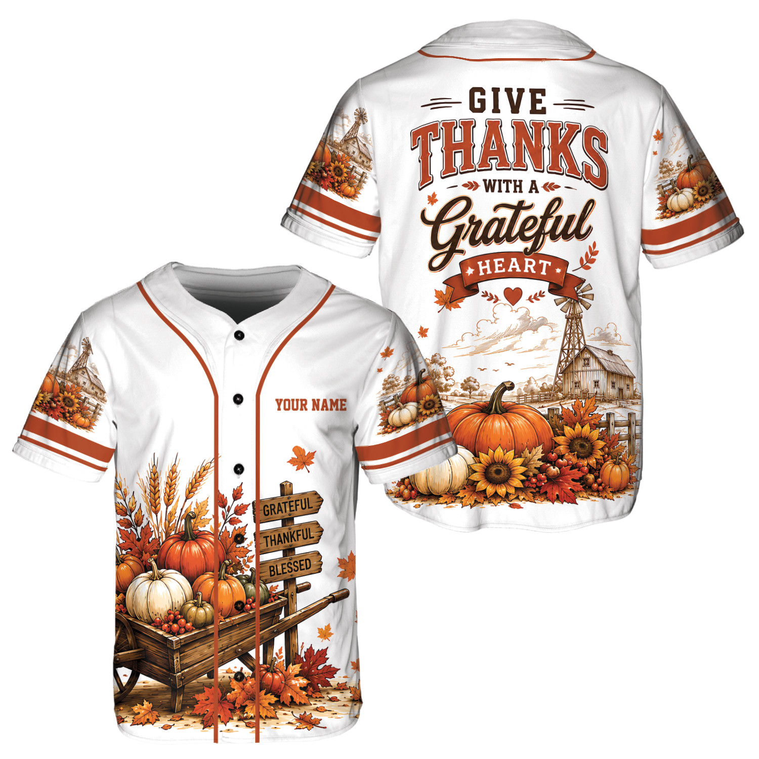 Personalized Thanksgiving Baseball Jersey Custom Name Give Thanks Grateful Heart