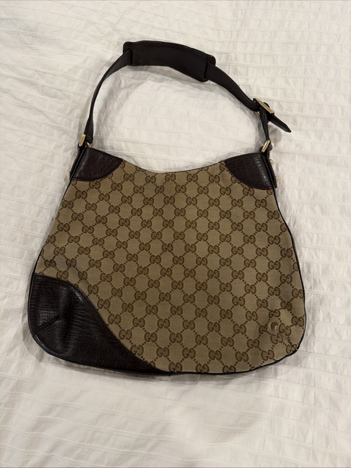 Gucci Heritage Horsebit Hobo In GG Canvas, Brown Leather Gold Bit