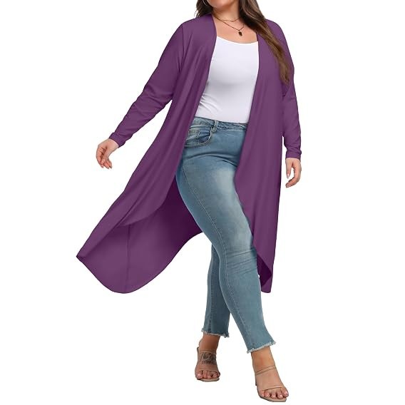 Duster Cardigan Solid Color Purple LS w/Pockets 38″ Long Size 2X NEW