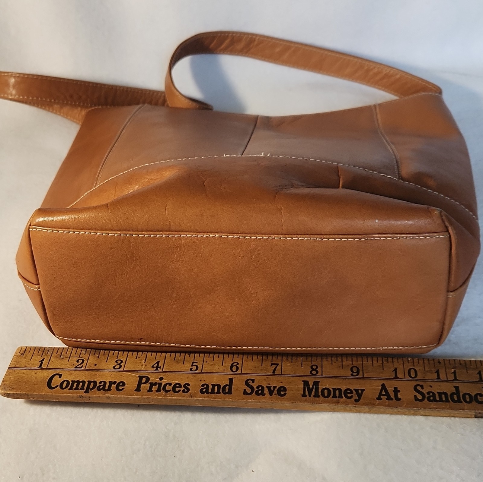 Le Donne Leather Tan Zip Shoulder Bag w/ Painted Floral Design, Inner Pockets