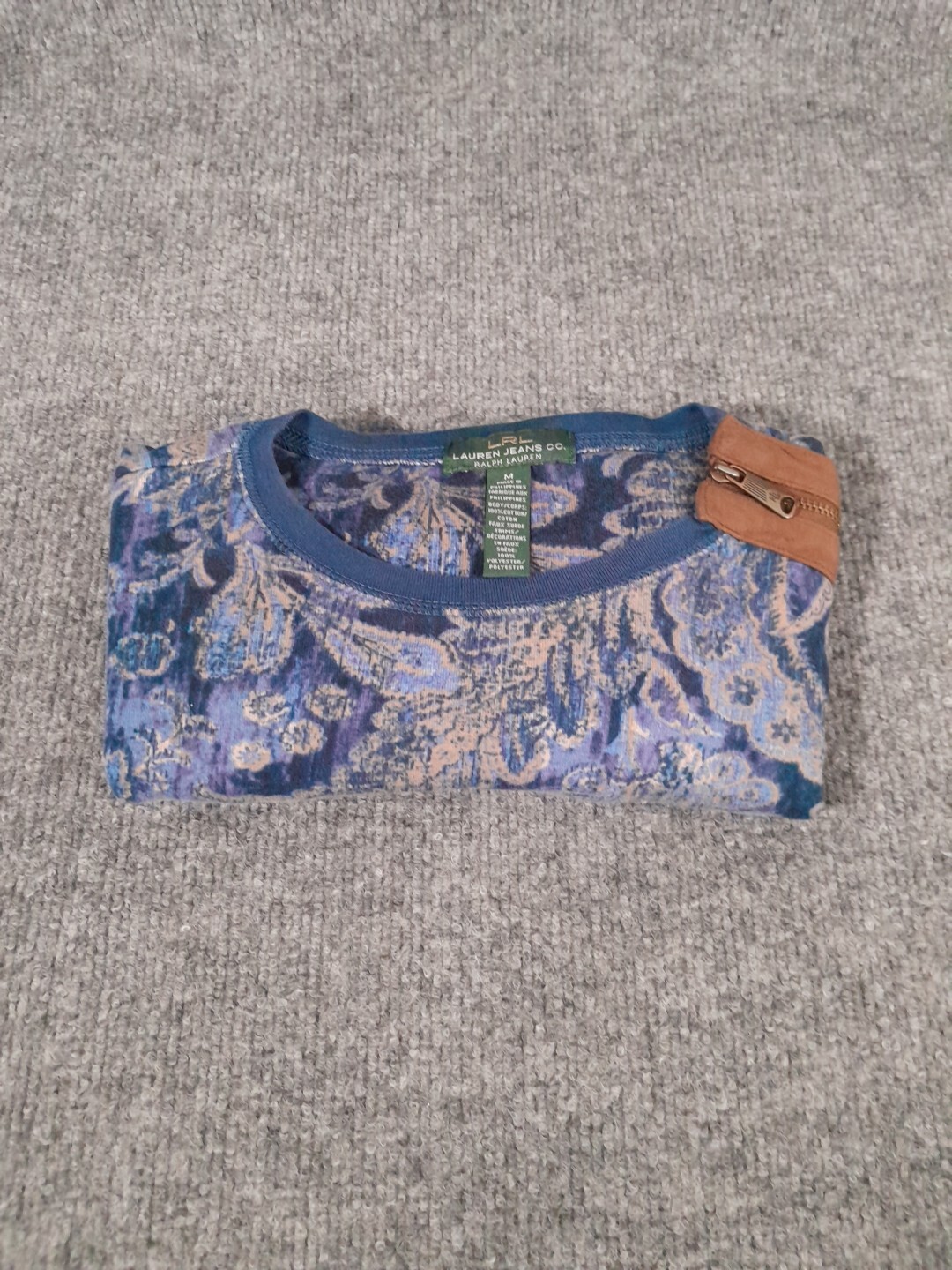 Ralph Lauren LRL Jeans Top Womens M Blouse Paisely Faux Leather Elbow Pads Boho