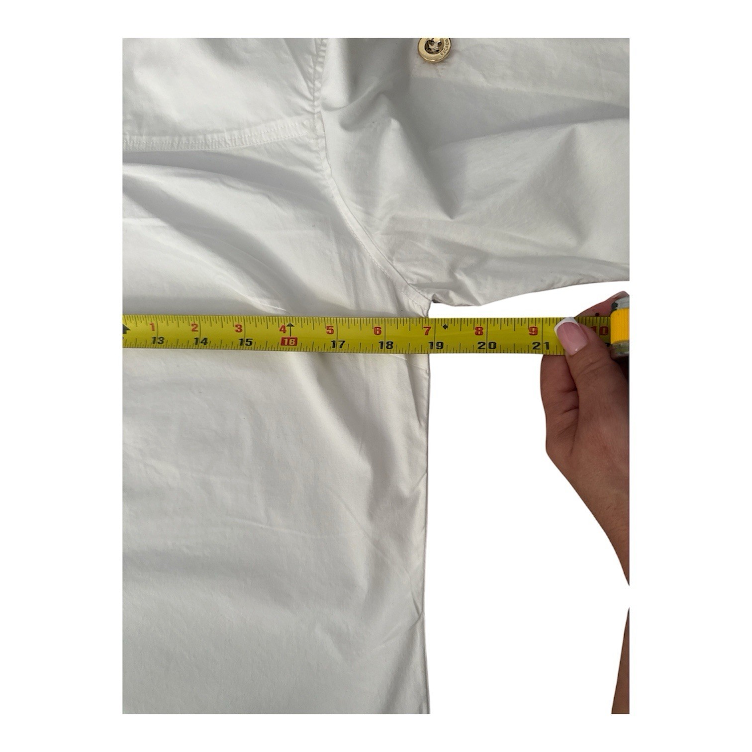 ESCADA White Tunic Blouse Gold Logo Buttons Roll Tab Sleeve Size 38 EU