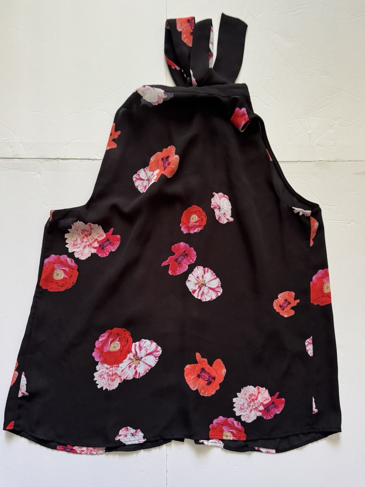 Worthington L Black Floral Tie Neck Sleeveless Blouse Poppy Peony Work Top Shirt