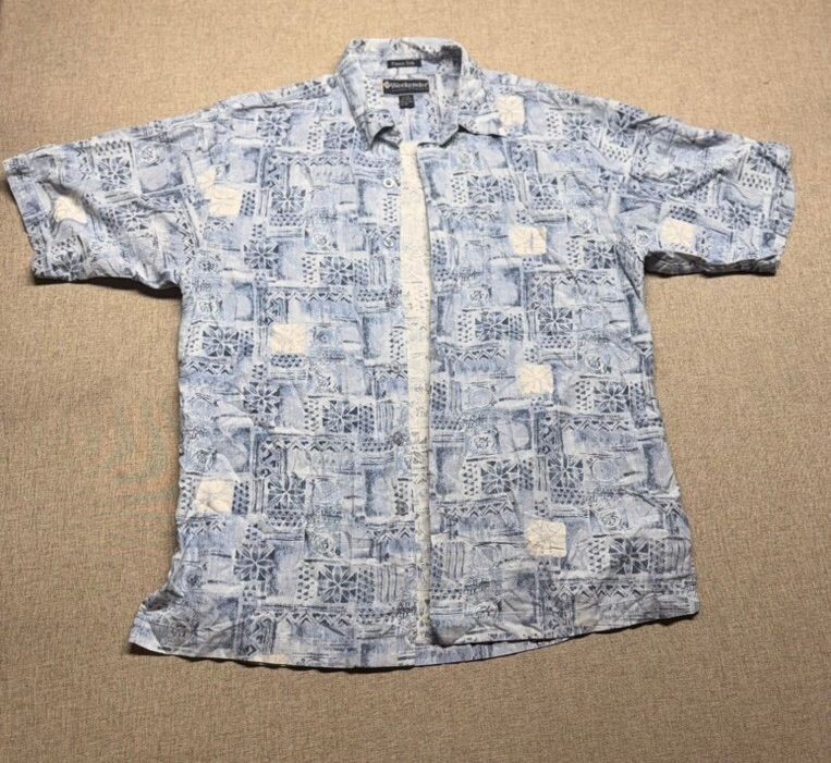 Weekender Mens Silk Blend Hawaiian Shirt Medium Blue Tribal Batik Geometric