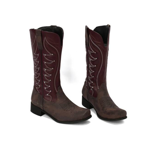 Cowboy Women Square Toe Block Heel Mid Calf Riding Boot Embroidery Shoes Western