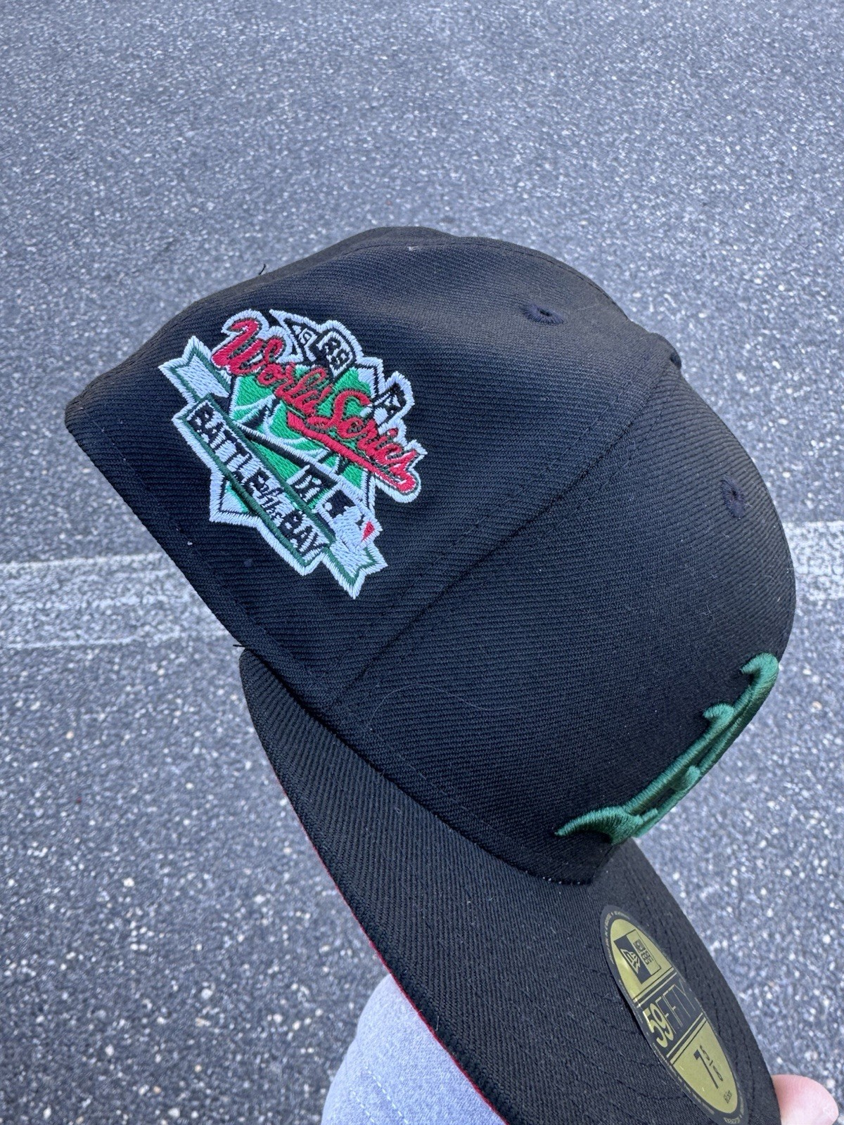 NEW ERA OAKLAND ATHLETICS 59FIFTY FITTED HAT A’s BLACK GREEN 1989 WS PATCH RED