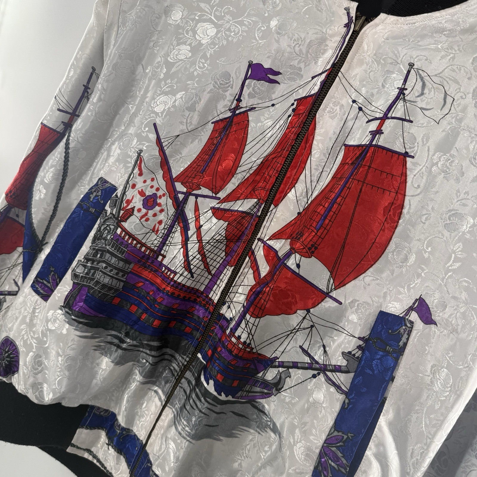 Vintage Nautical Retro Silk Ship Long Sleeve Full Zip Bomber Jacket
