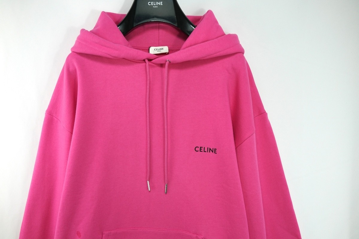 CELINE Front Logo Loose Hoodie Sweatshirt Pink Cotton Size M 2Y958670Q New