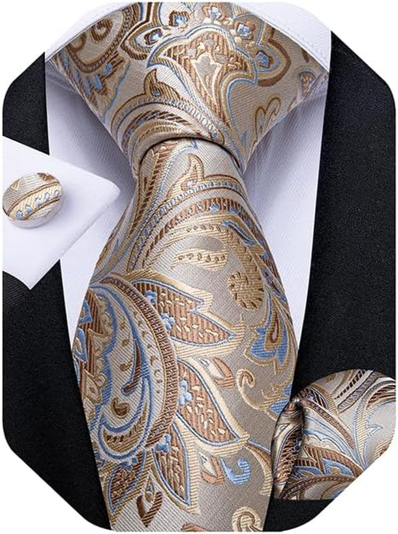 DiBanGu Mens Tie Set Silk Solid Paisley Necktie and Pocket Square Cufflinks C…