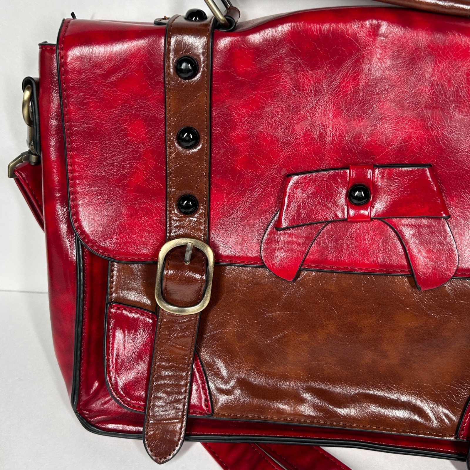 Ecosusi Messenger Bag Red Brown Faux PU Leather Bow Collegiate Crossbody Satchel