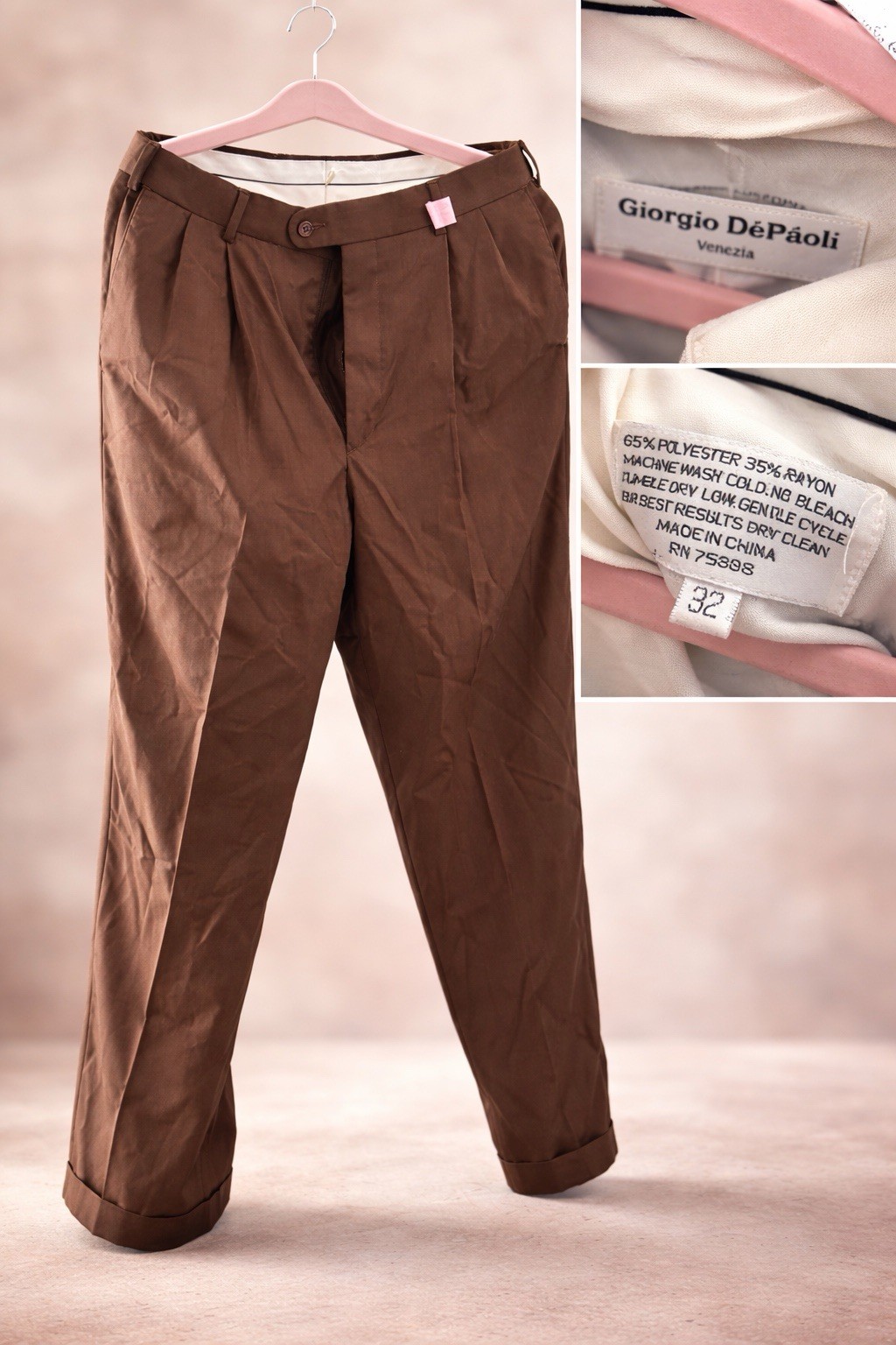 Giorgio DéPaoli Brown Pleated Button Polyester Rayon Men’s Pants Size 32